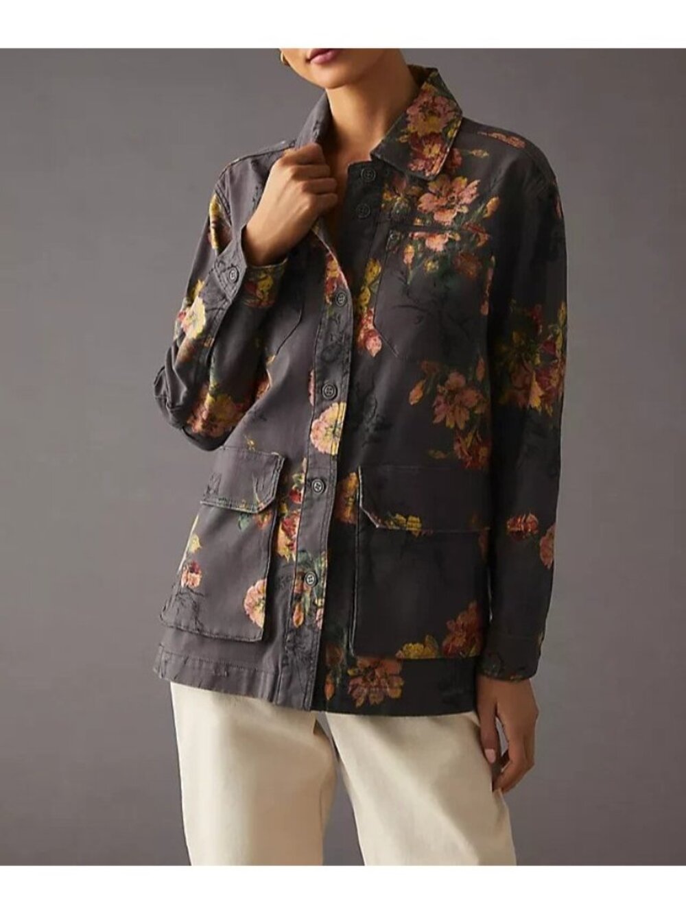 Pilcro Anthropologie Wanderer Floral Utility Jacket Womens L Stretch Floral Gray